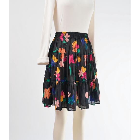 Vintage 90s Black Floral Tiered Peasant Boho Semi Sheer Full Mini Skirt XS S - Picture 4 of 7